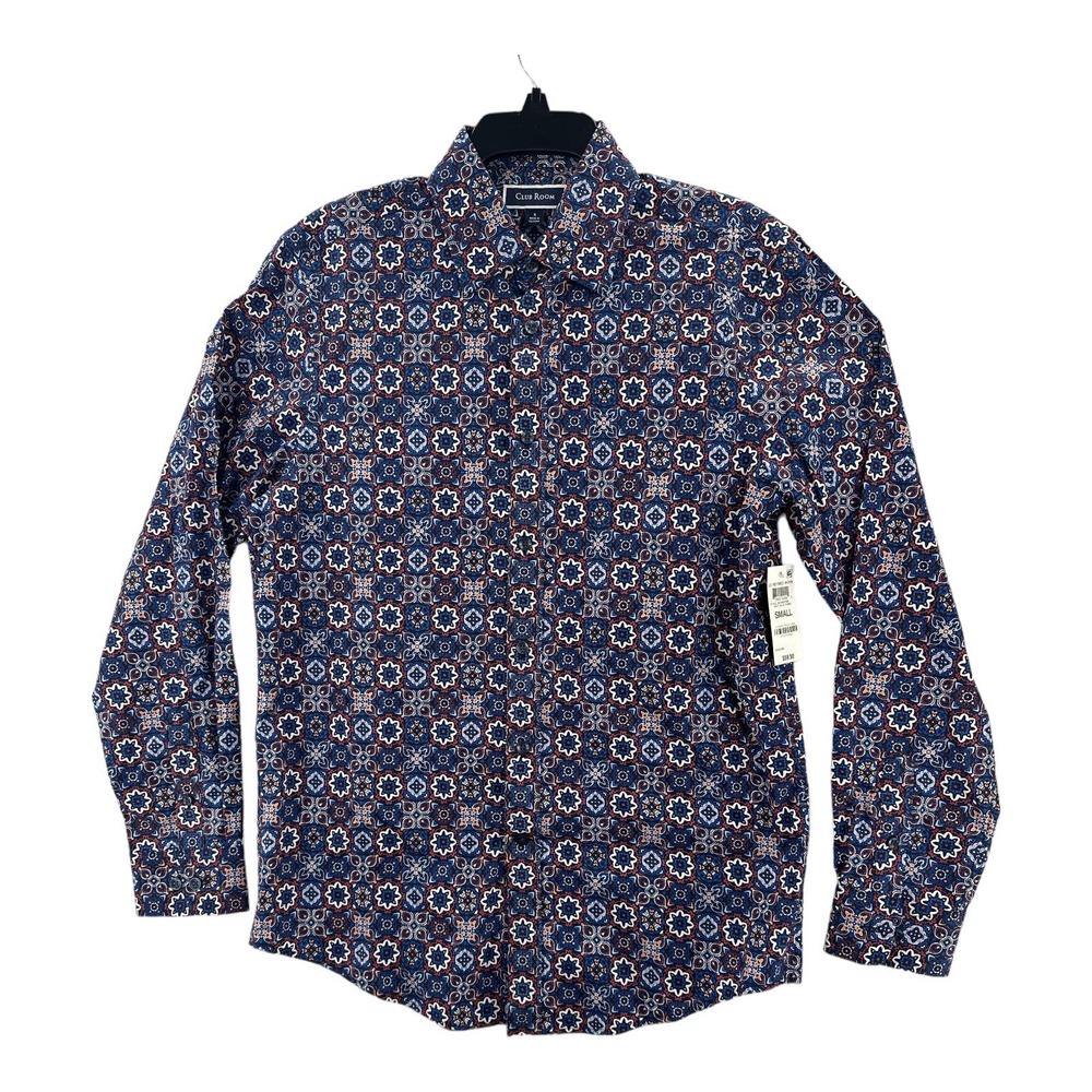 Club Room Mens Dress Shirt Small Navy Blue Combo Refined Woven Print